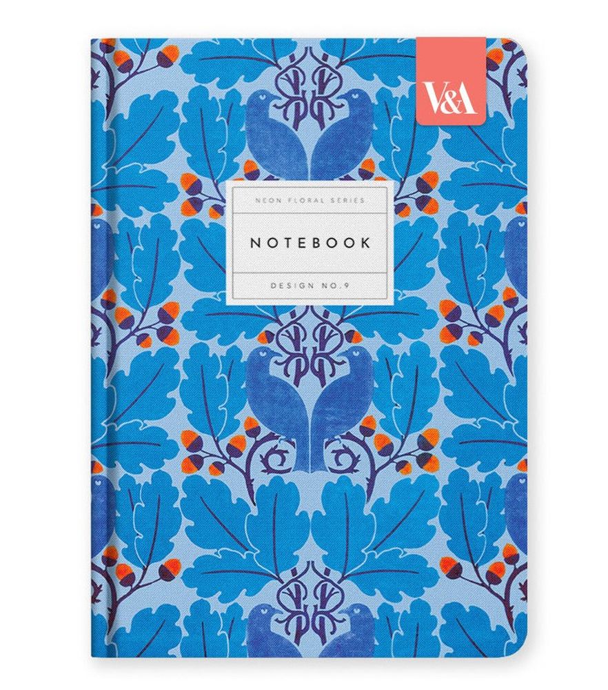 V&A A5 Premium Hard Cover Notebook-Neon Floral Blue Birds