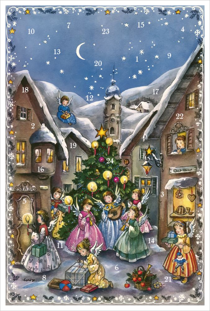 Advent Cal-Card-Angels in front of Tree 