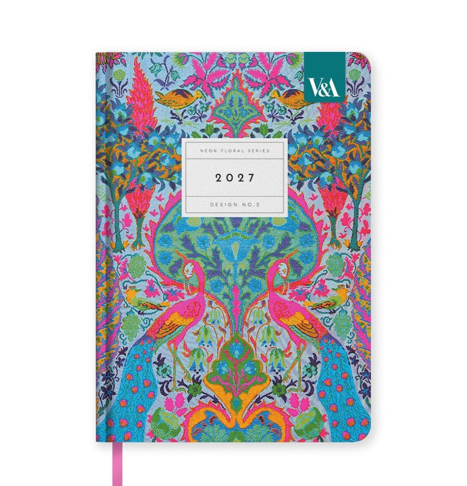 V&A A5 Hard Cover Diary-Neon Floral Peacock