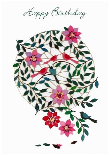Laser Cut Card-Happy Birthday Birds and Flowers
