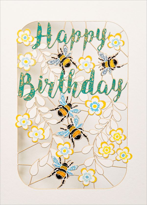 Laser Cut Card-Birthday Bee and Flowers