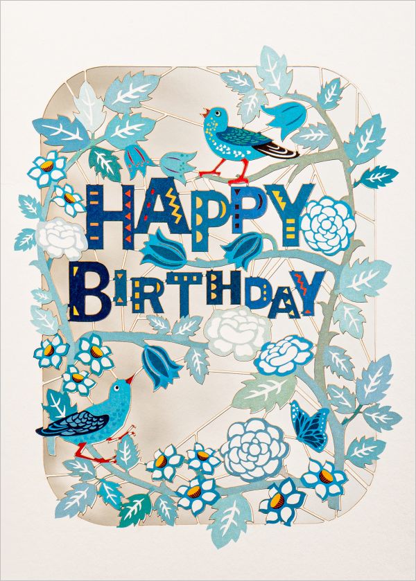 Laser Cut Card-Birthday Birds and Flowers Blue