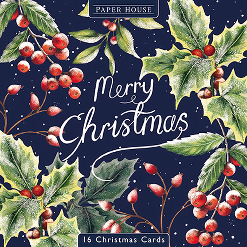 Boxed Card Park of 16 (2 designs)-Christmas Holly Floral