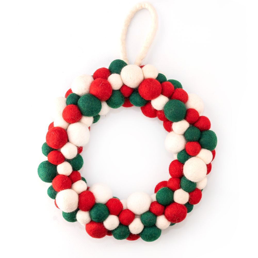 [GI-XD-WRL003] Charity Wreath Large-Felt Green White Red Balls